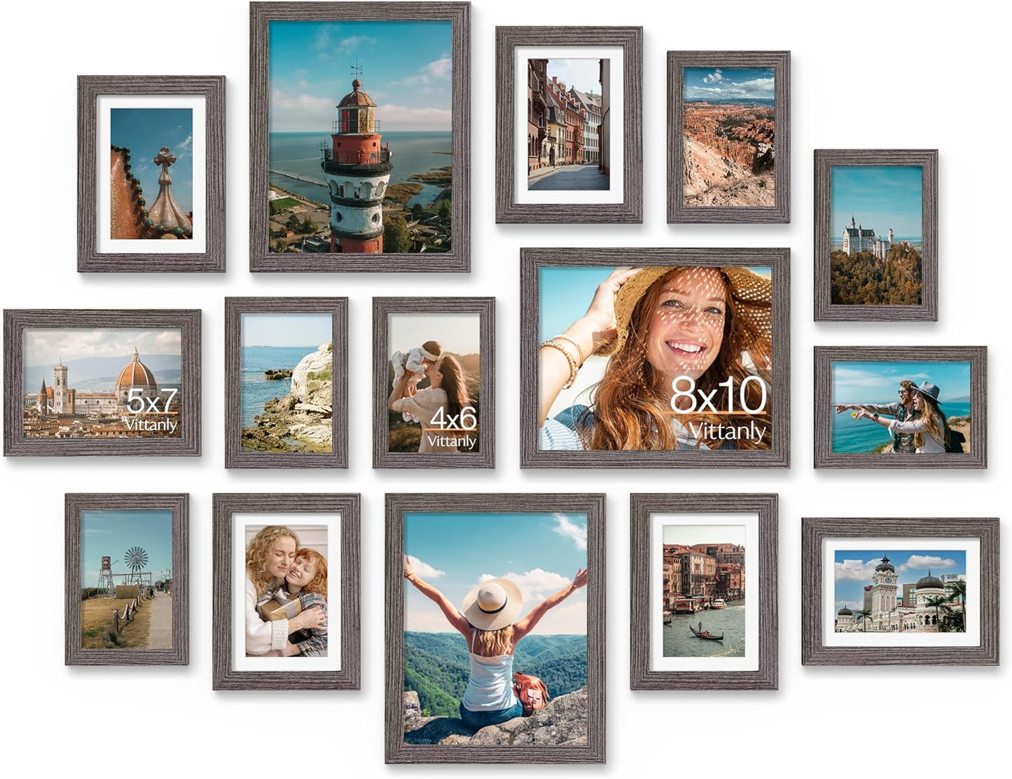 Vittanly 15 Pack Picture Frames Collage Wall Decor for Mounting or Tabletop Display, Gallery Frame Set for Family, Multi Sizes Including 3pcs 8x10, 6pcs 5x7, 6pcs 4x6, Black