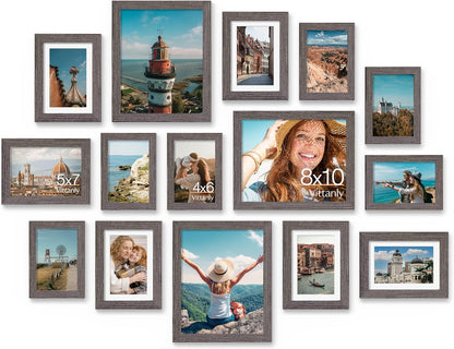 Vittanly 15 Pack Picture Frames Collage Wall Decor for Mounting or Tabletop Display, Gallery Frame Set for Family, Multi Sizes Including 3pcs 8x10, 6pcs 5x7, 6pcs 4x6, Black