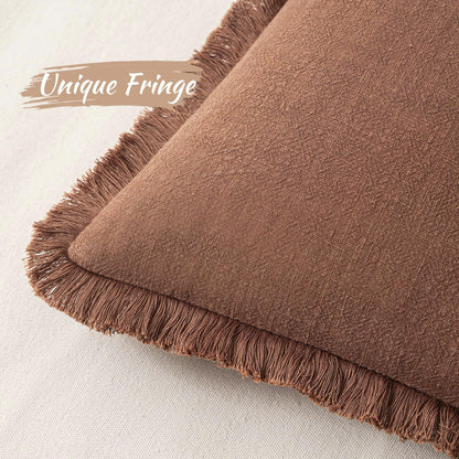 MIULEE Decorative Throw Pillow Covers Neutral Linen Fringe Throw Pillows Set of 2 Natural Beige Boho Farmhouse Cushion Covers with Tassels for Couch Sofa Bed Spring Home Decor 20x20 Inch