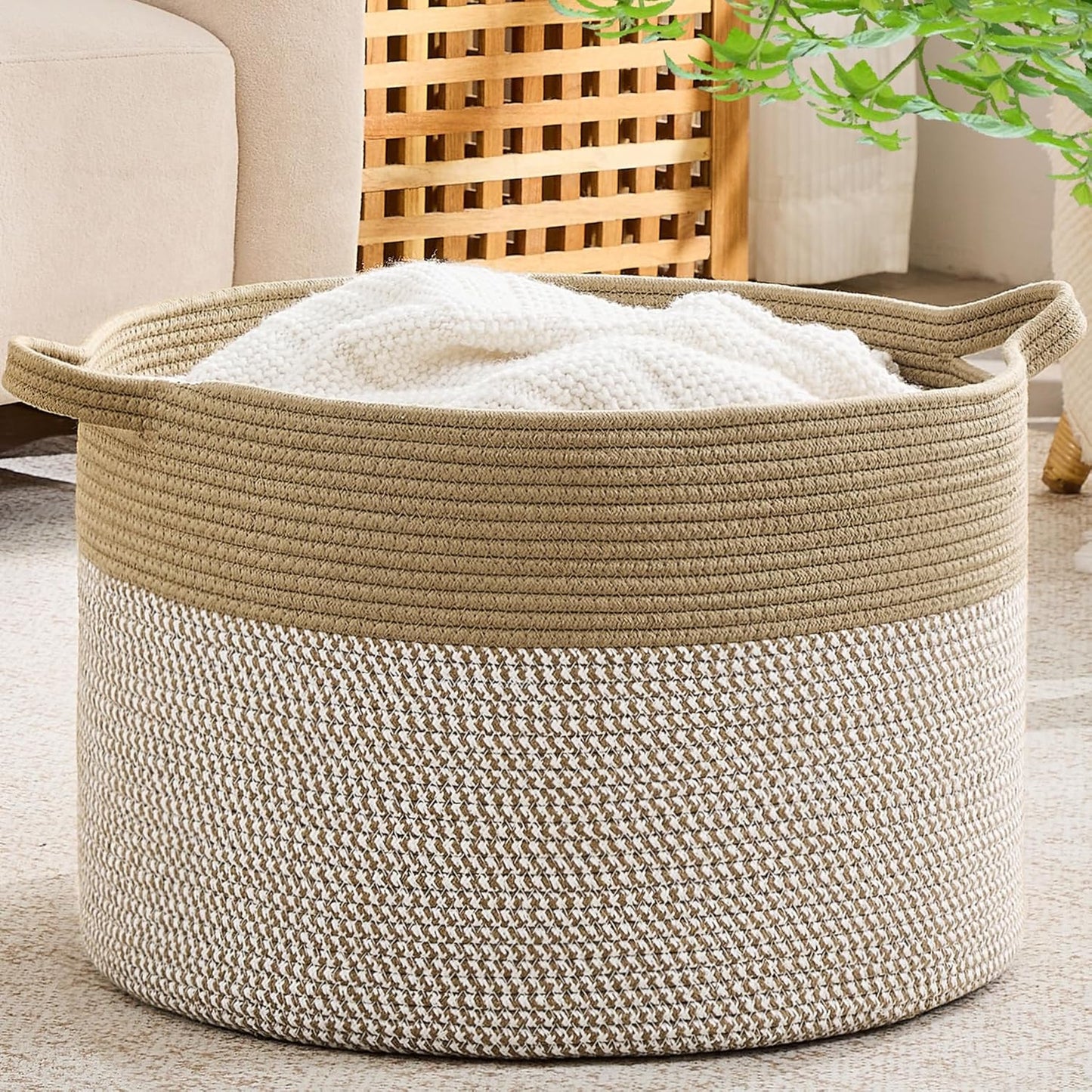KAKAMAY Large Blanket Basket (20"x13"),Woven Baskets for storage Baby Laundry Hamper, Cotton Rope Blanket Basket for Living Room, Laundry, Nursery, Pillows, Baby Toy chest (White/Brown)