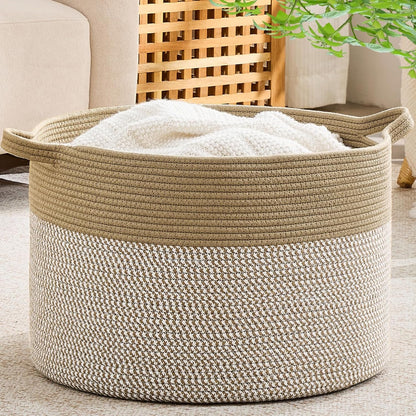 KAKAMAY Large Blanket Basket (20"x13"),Woven Baskets for storage Baby Laundry Hamper, Cotton Rope Blanket Basket for Living Room, Laundry, Nursery, Pillows, Baby Toy chest (White/Brown)