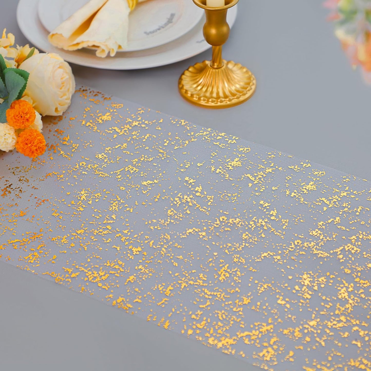 Snowkingdom 2 Pieces Gold Table Runner, Sequin Glitter Foil Metallic Thin Mesh Runner Roll 11"x108", Gold Table Decorations for Event Party, Wedding, Birthday Party, Christmas