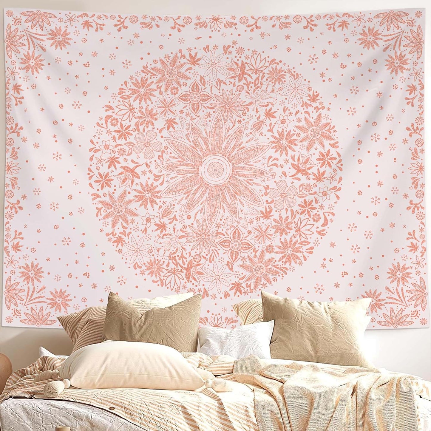 Neasow Bohemian Tapestry Wall Hanging, Beige White Floral Tapestry with Dotted Daisy Medallion Print Bedroom Boho Hippie Home Decor, 36×48 inches