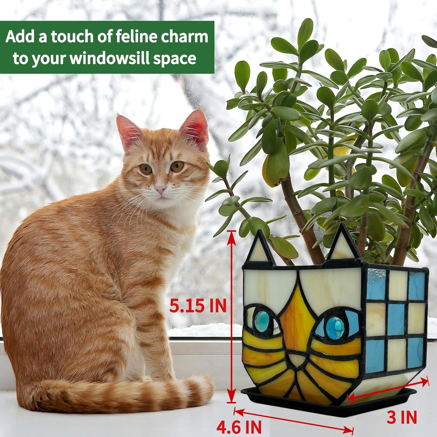 Tiffany Stained Glass Fun Moon Sleeping Cat Planter，Cactus Planter，Cute Planters for Indoor Plants,Decorative Flower Pots As Gifts for Cat Lovers，4.6x3x5.15 in
