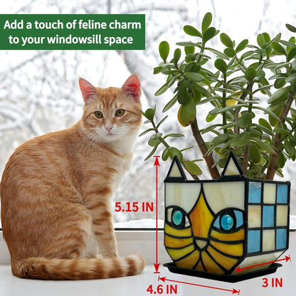 Tiffany Stained Glass Fun Moon Sleeping Cat Planter，Cactus Planter，Cute Planters for Indoor Plants,Decorative Flower Pots As Gifts for Cat Lovers，4.6x3x5.15 in