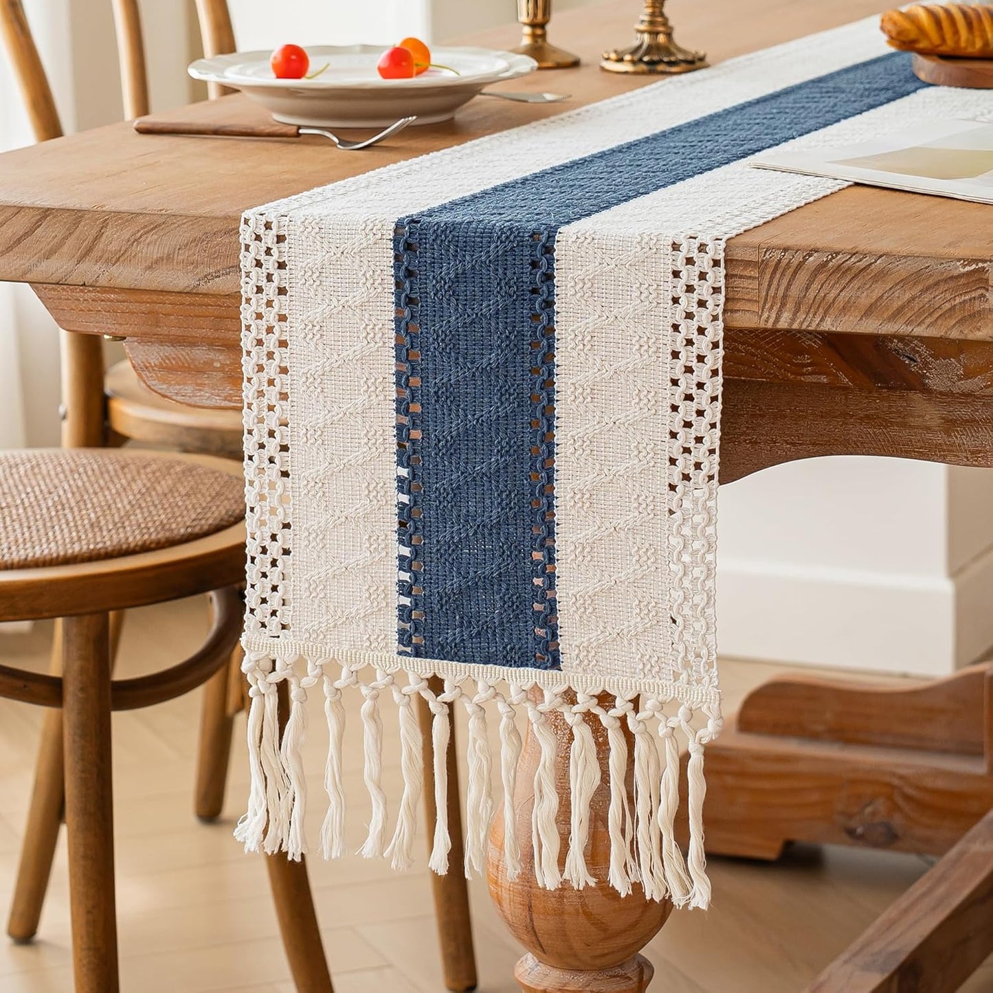 FEXIA Boho Table Runner for Thanksgiving Fall Christmas Home Decor with Tassels 72 Inches Long Pottery barn Furniture Farmhouse Rustic Macrame Burlap Table Decoration for Living Room (12x72 Inches)