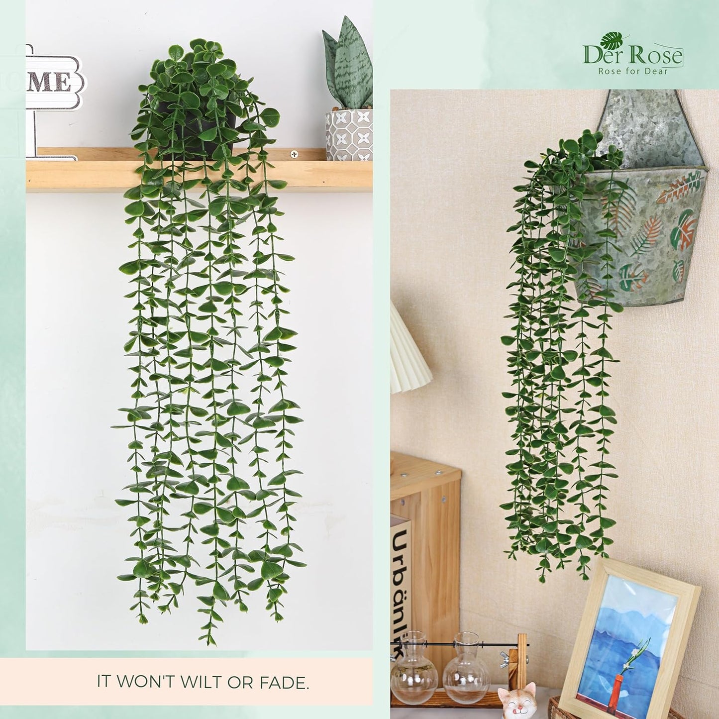 Der Rose 1Pcs 34'' Fake Hanging Plants Artificial Potted Faux Hanging Plants Indoor Pothos Vines for Home Bathroom Bedroom Wall Shelf Decor