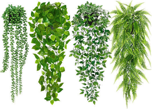 Palonu Artificial Hanging Plants for Shelf, 4 Pack Fake Potted Greenery Plant Faux Mandala Vine, String of Pearls, Ivy Vine,Persian Grass Fern in Pot for Desk Home Bathroom Farmhouse Room Table Decor