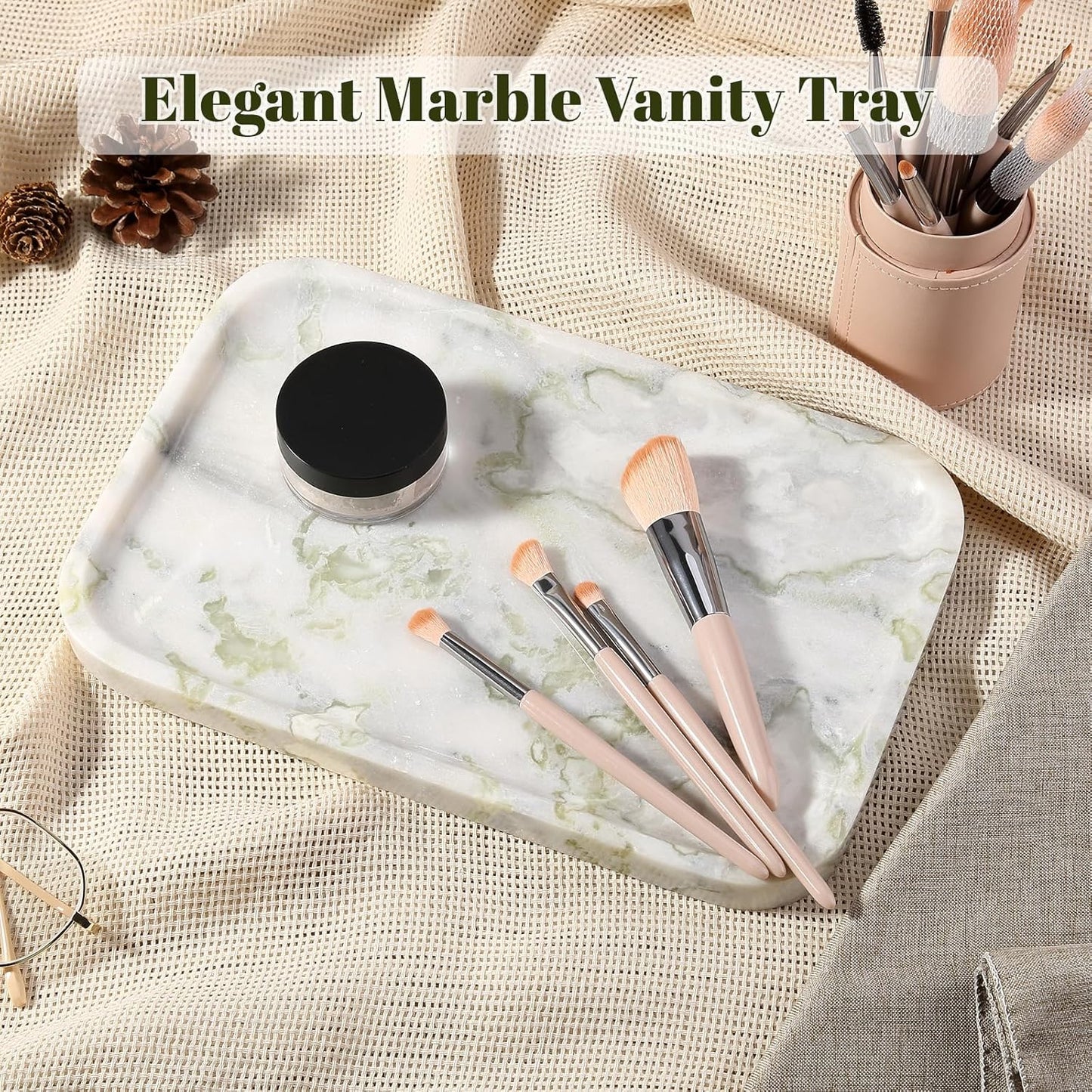 Marble Vanity Tray for Dresser Organizer, Travertine Bathroom Tray Countertop, Beige Decorative Serving Trays, Kitchen Sink Storage, Jewelry & Perfume Holder(Travertino Romano)