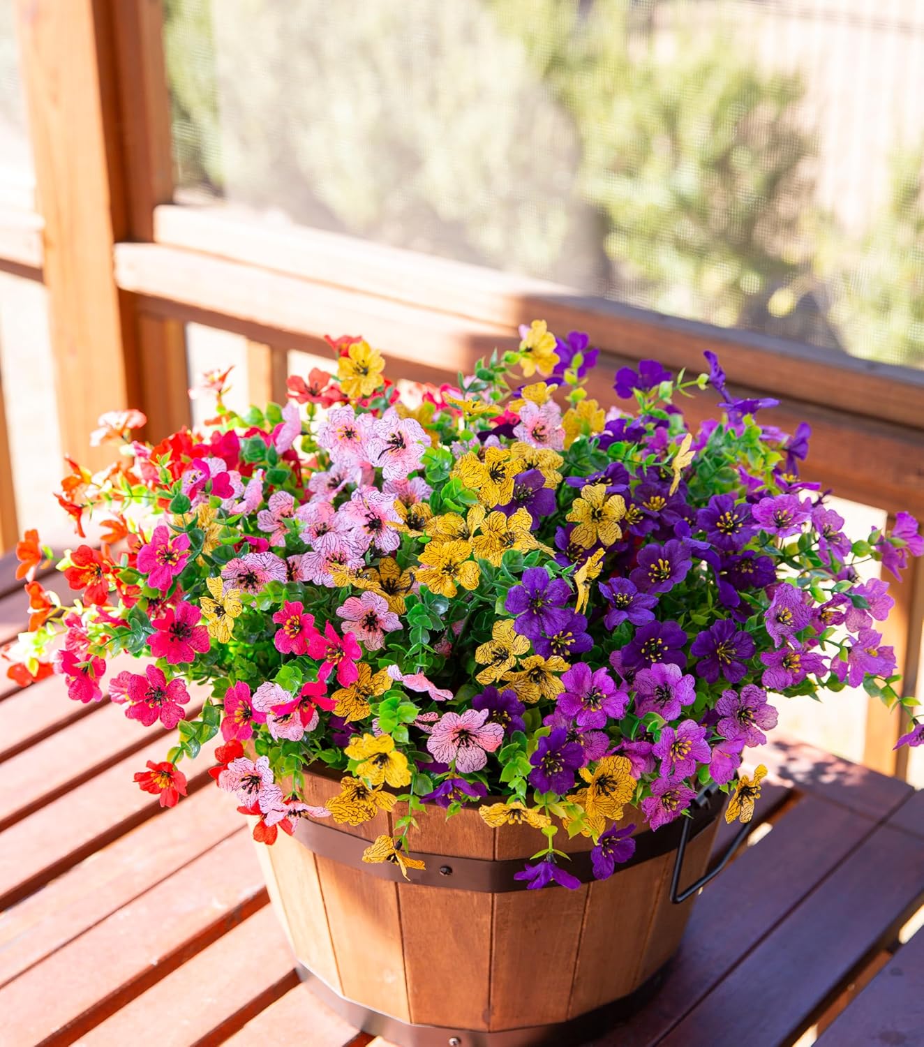 HyeFlora Artificial Flowers for Outdoor Indoor Garden Home Decoration, Faux Flower Daisy with Eucalyptus Leaves Fake Plants Greenery Boxwood Porch Patio, 12 Bundles (Mix Pink Red Purple Yellow)