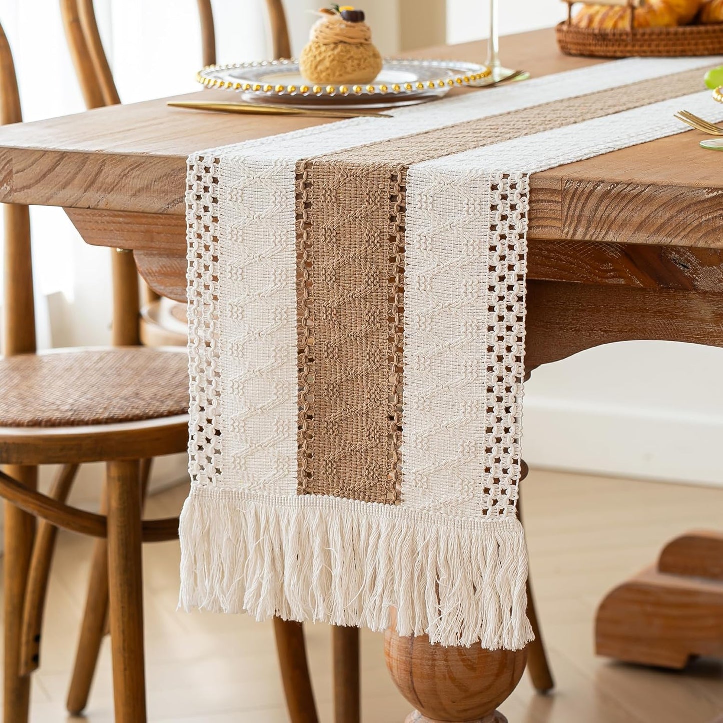FEXIA Boho Table Runner for Thanksgiving Fall Christmas Home Decor with Tassels 72 Inches Long Pottery barn Furniture Farmhouse Rustic Macrame Burlap Table Decoration for Living Room (12x72 Inches)