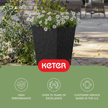 Keter Set of 2 Resin Modern Outdoor 22 Inch Tall Large Flower Pots, Tapered Wood Look Planters for Outdoor Plants and Front Porch Decor, Graphite