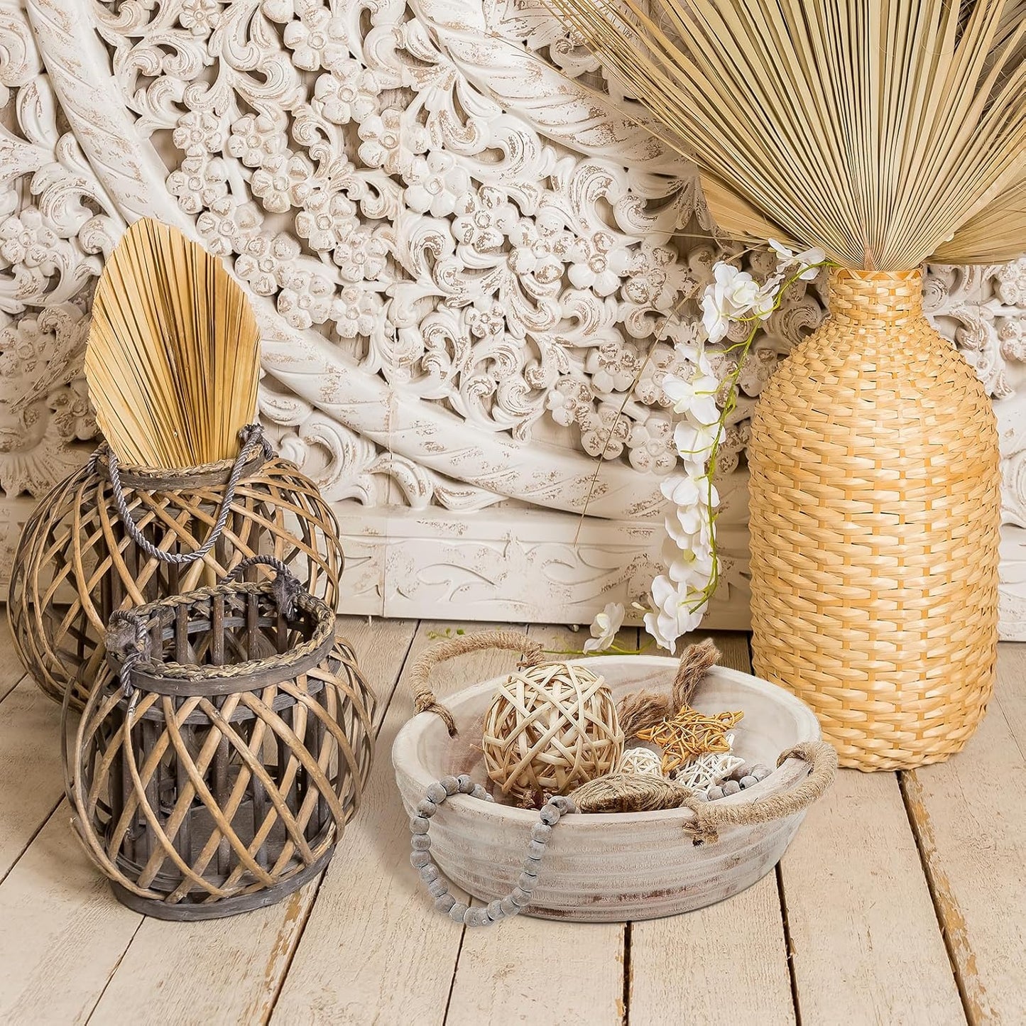 Wooden Decorative Bowls, 11.2 Inch Premium Round Serving Bowl with Rope Handles for Home Decor, Round Paulownia Wood Centerpiece Bowl for Coffee Table(Natural)