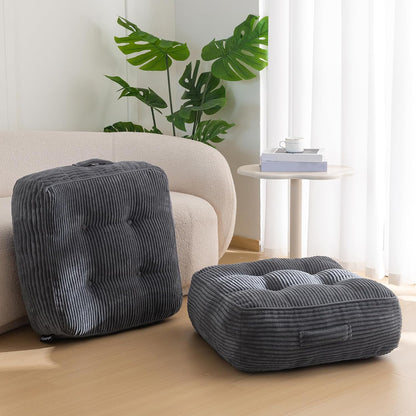 HIGOGOGO 6" Extra Thick Floor Pillow Cushion for Adults, Meditation Cushion Pillow, Large Square Floor Sitting, Tufted Corduroy Cover, for Tatami Living Room or Yoga, 22x22 Inch, 2Pack, Dark Grey