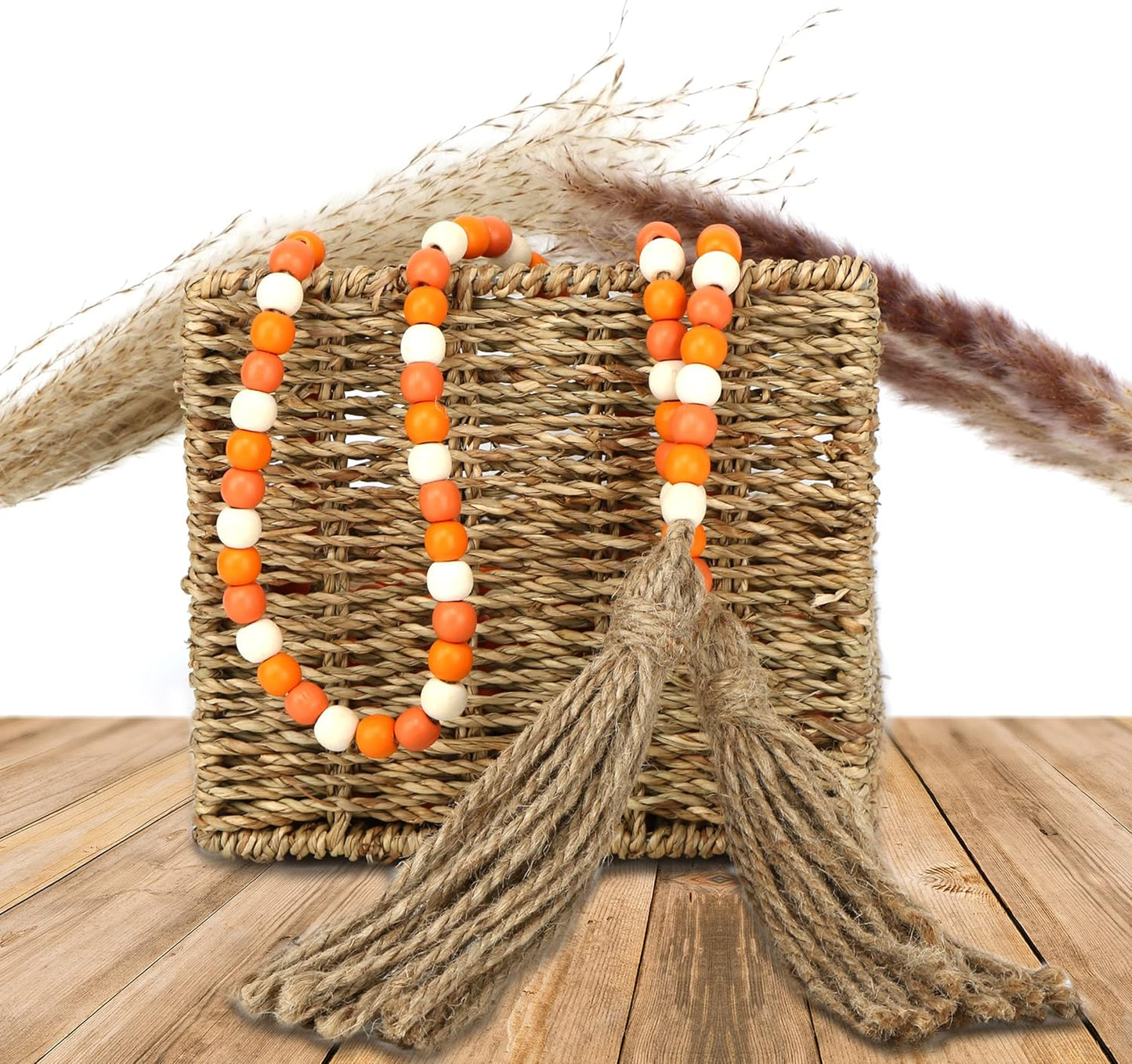 CVHOMEDECO. 16 Feet Wood Beads Garland with Tassels Farmhouse Rustic Wooden Decorative Bead String Wall Hanging Accent for Home Festival Decor. Orange