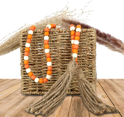 CVHOMEDECO. 16 Feet Wood Beads Garland with Tassels Farmhouse Rustic Wooden Decorative Bead String Wall Hanging Accent for Home Festival Decor. Orange