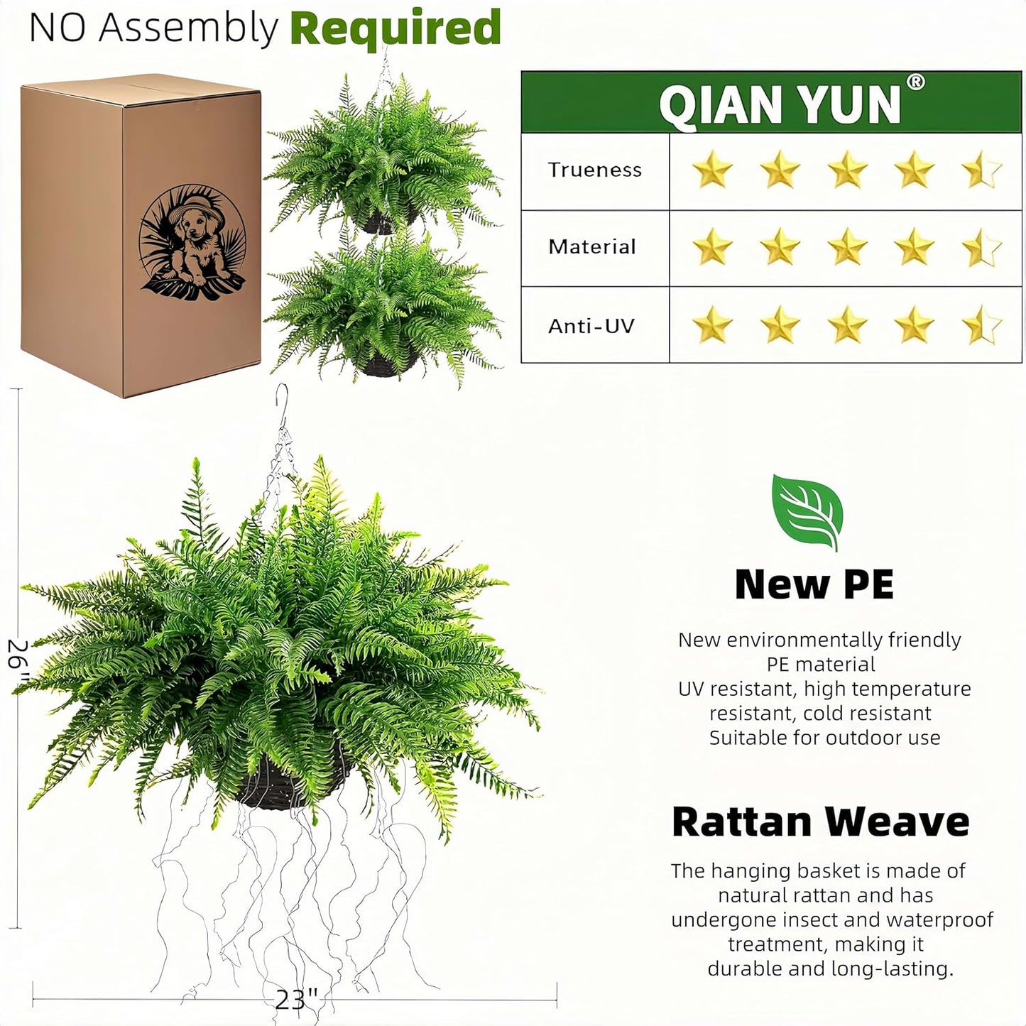 Outdoor Fake Hanging Fern – Artificial Hanging Ferns 2 Pack, Large Faux Boston Fern Bushes, UV Resistant Outdoor Hanging Plants for Front Porch, Patio & Indoor Decor