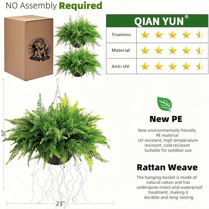 Outdoor Fake Hanging Fern – Artificial Hanging Ferns 2 Pack, Large Faux Boston Fern Bushes, UV Resistant Outdoor Hanging Plants for Front Porch, Patio & Indoor Decor