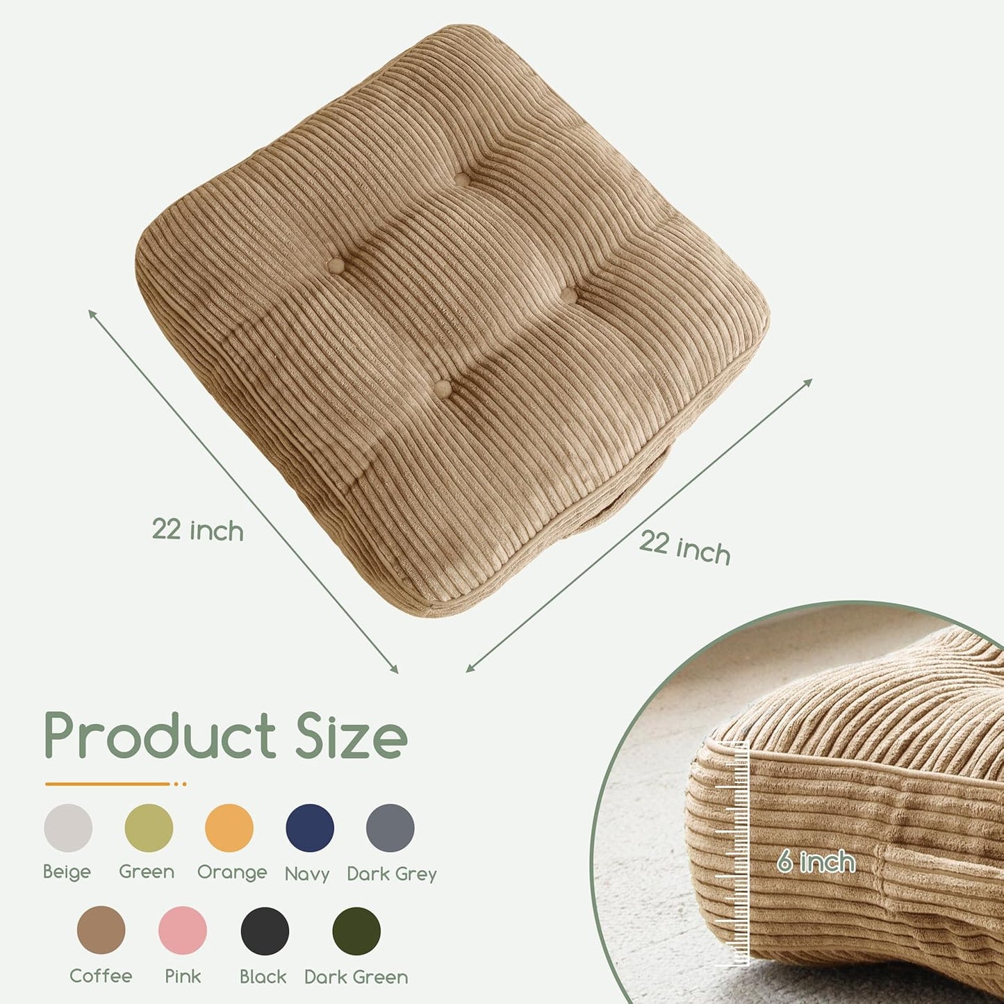 HIGOGOGO 6" Extra Thick Floor Pillow Cushion for Adults, Meditation Cushion Pillow, Large Square Floor Sitting, Tufted Corduroy Cover, for Tatami Living Room or Yoga, 22x22 Inch, 2Pack, Dark Grey