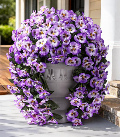 HyeFlora Artificial Flowers for Outdoors, 2pcs Faux Silk Pansies Flowers UV Resistant Fake Hanging Flower Plants for Outside Planters Porch Yard Patio Window Box (Mix Purple)
