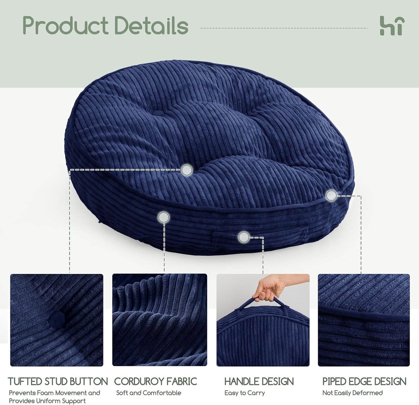 HIGOGOGO 6" Extra Thick Floor Pillow Cushion for Adults, Meditation Cushion Pillow, Large Square Floor Sitting, Tufted Corduroy Cover, for Tatami Living Room or Yoga, 22x22 Inch, 2Pack, Dark Grey