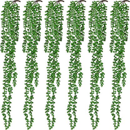 RECUTMS 6pcs Artificial Succulents Hanging Plants Fake Hanging String of Pearls Plant Faux Greenery Wall Plants for Spring Indoor Outdoor Home Bedroom Patio Garden Easter Decor