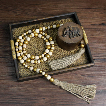 CVHOMEDECO. Wood Beads Garland with Tassels Farmhouse Rustic Wooden Prayer Bead String Wall Hanging Accent for Home Festival Decor. Mix Distressed