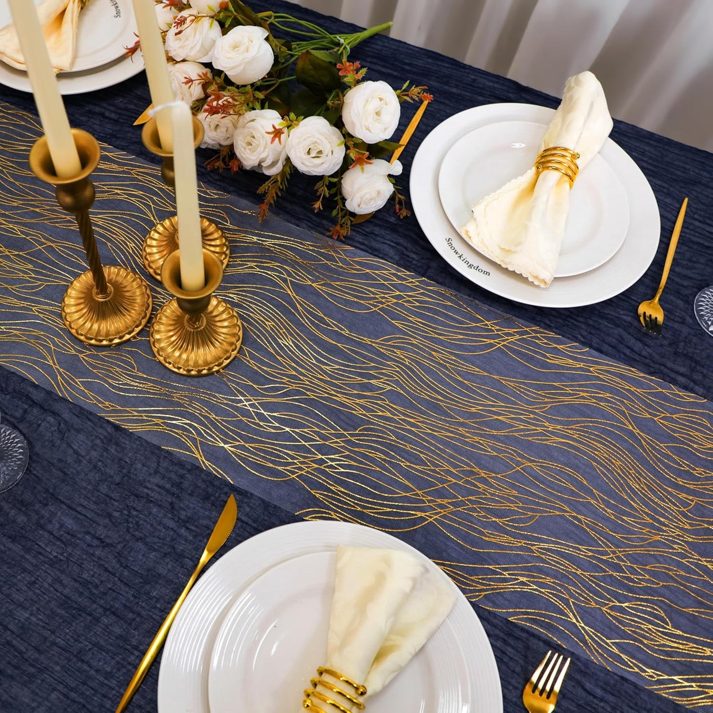 Snowkingdom 2 Pieces Gold Table Runner, Sequin Glitter Foil Metallic Thin Mesh Runner Roll 11"x108", Gold Table Decorations for Event Party, Wedding, Birthday Party, Christmas