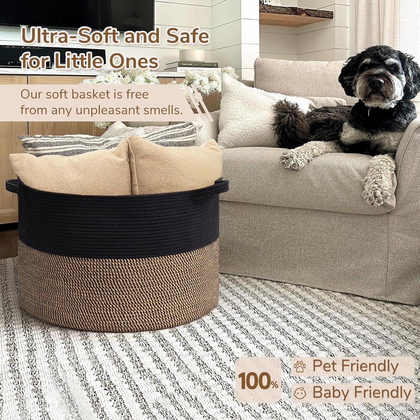 INDRESSME XXXLarge Blanket Basket for Living Room 21.7" x 21.7" x 13.8"-Storage Basket with Handle for Organizing Toy Pillows Woven Cotton Rope Laundry Basket Stuffed Animal Toy Storage for Play Room