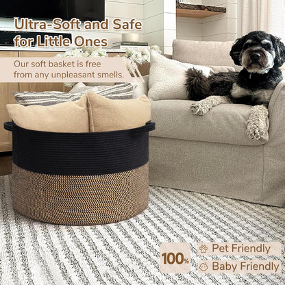 INDRESSME XXXLarge Blanket Basket for Living Room 21.7" x 21.7" x 13.8"-Storage Basket with Handle for Organizing Toy Pillows Woven Cotton Rope Laundry Basket Stuffed Animal Toy Storage for Play Room