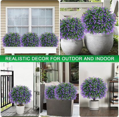 Artificial Lavender Topiary Ball Trees, 2 Set of UV Resistant Fake Evergreen Shrubs Bushes Plants with Ground Spike, Fake Plants for Outdoor Indoor Front Porch Garden