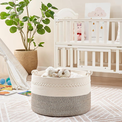 KAKAMAY Large Blanket Basket (20"x13"),Woven Baskets for storage Baby Laundry Hamper, Cotton Rope Blanket Basket for Living Room, Laundry, Nursery, Pillows, Baby Toy chest (White/Brown)