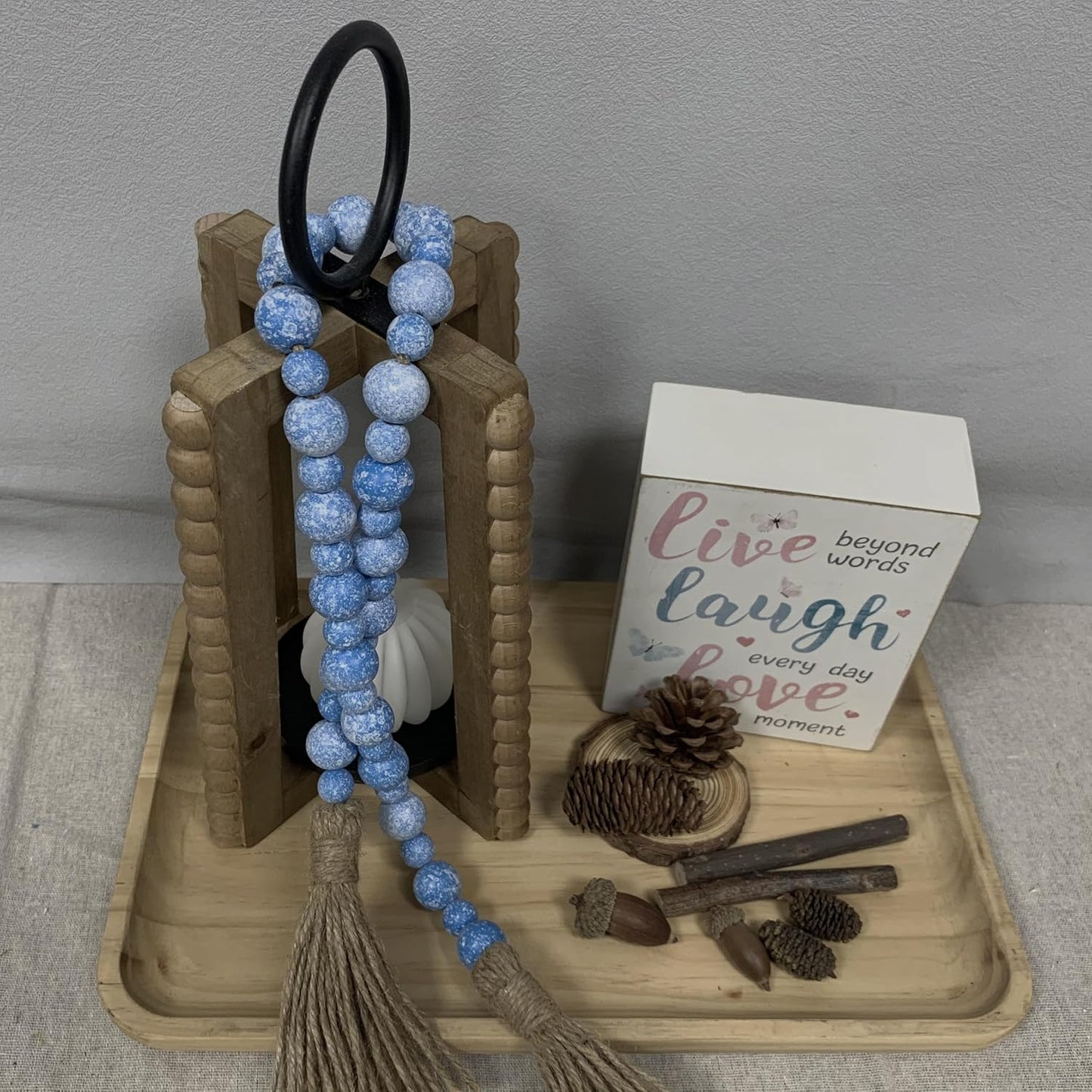 Handcrafted Farmhouse Wooden Decorative Beads Garland, Table Tray Boho Wood Beads with Tassel, Small Rustic Antique Decor for Home and Events (32" Rustic Blue)