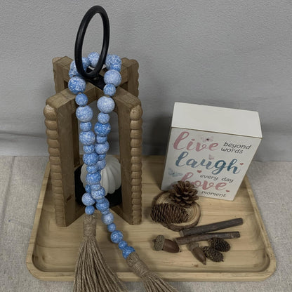 Handcrafted Farmhouse Wooden Decorative Beads Garland, Table Tray Boho Wood Beads with Tassel, Small Rustic Antique Decor for Home and Events (32" Rustic Blue)