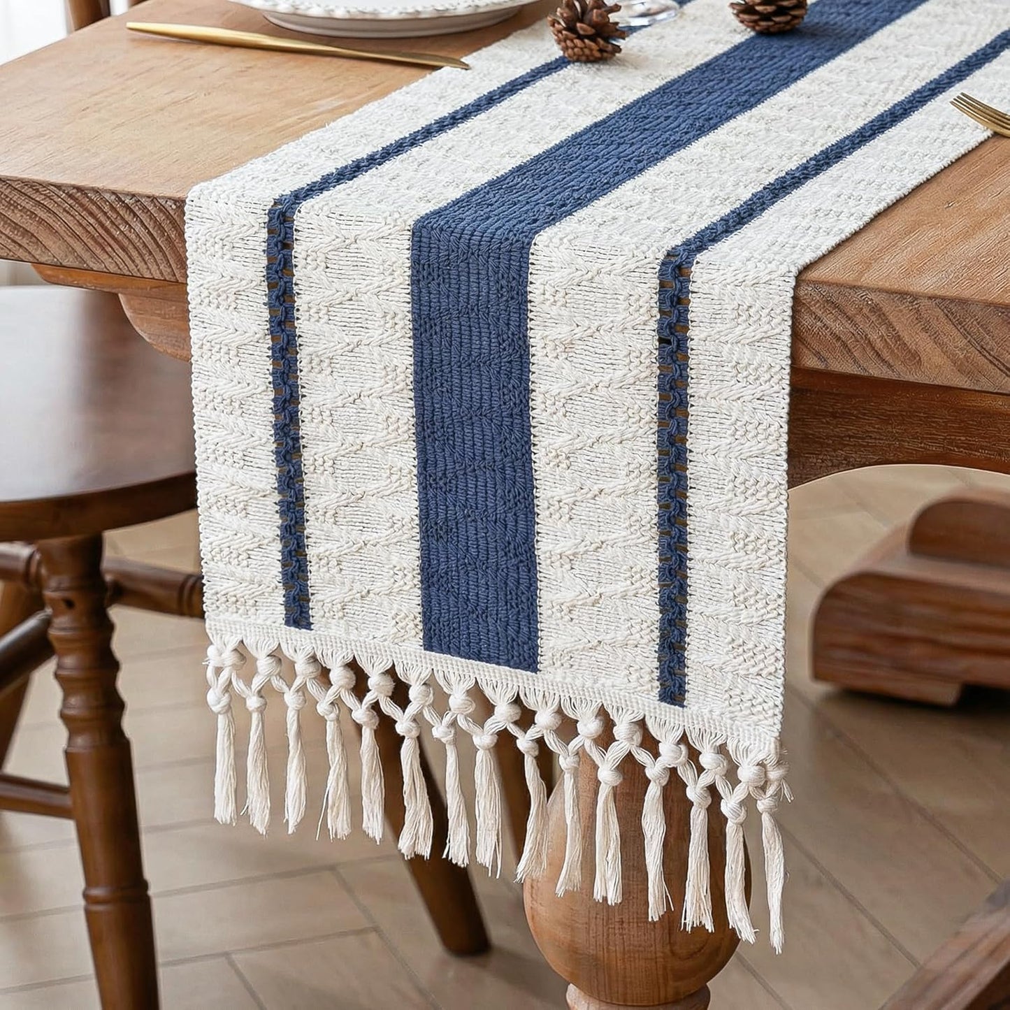 FEXIA Boho Table Runner for Thanksgiving Fall Christmas Home Decor with Tassels 72 Inches Long Pottery barn Furniture Farmhouse Rustic Macrame Burlap Table Decoration for Living Room (12x72 Inches)