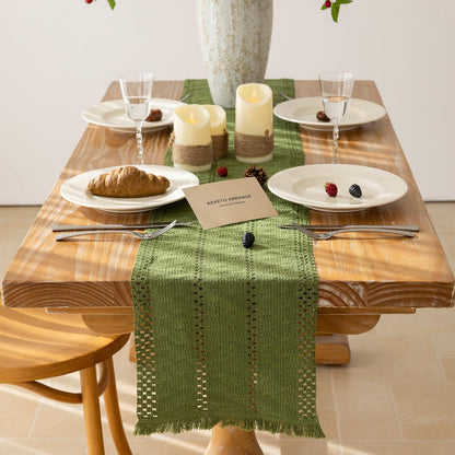 Keketoarrange Boho Sage Green Table Runner for Summer Home Decorations 12x72 Inches Farmhouse Small Macrame Woven Burlap Rustic Coffee Dresser Dining Kitchen Centerpiece Bohemian Decor