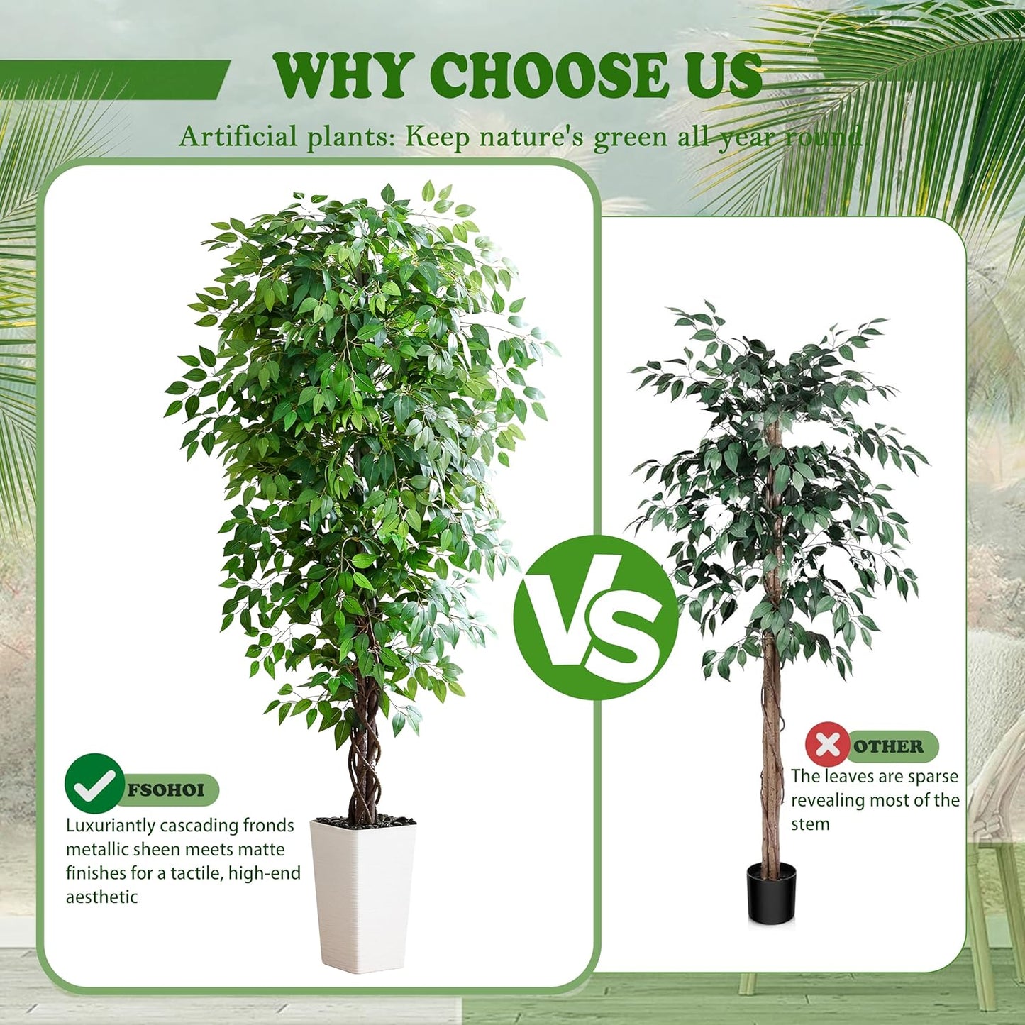 Artificial Ficus Tree 6FT Faux Plants Indoor Tall Fake Plants with White Planter, Green Lifelike Lush Fake Ficus Tree for Home Living Room Bedroom Outdoor Balcony House Office Decor