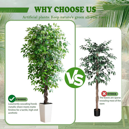 Artificial Ficus Tree 6FT Faux Plants Indoor Tall Fake Plants with White Planter, Green Lifelike Lush Fake Ficus Tree for Home Living Room Bedroom Outdoor Balcony House Office Decor