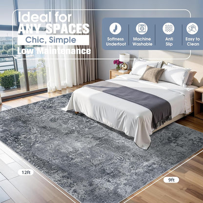 8x10 Area Rugs for Living Room Rug Washable: Abstract Large Rug for Dining Room Bedroom Carpet Non Slip 8 by 10 Indoor Modern Nursery Home Office Blue Grey