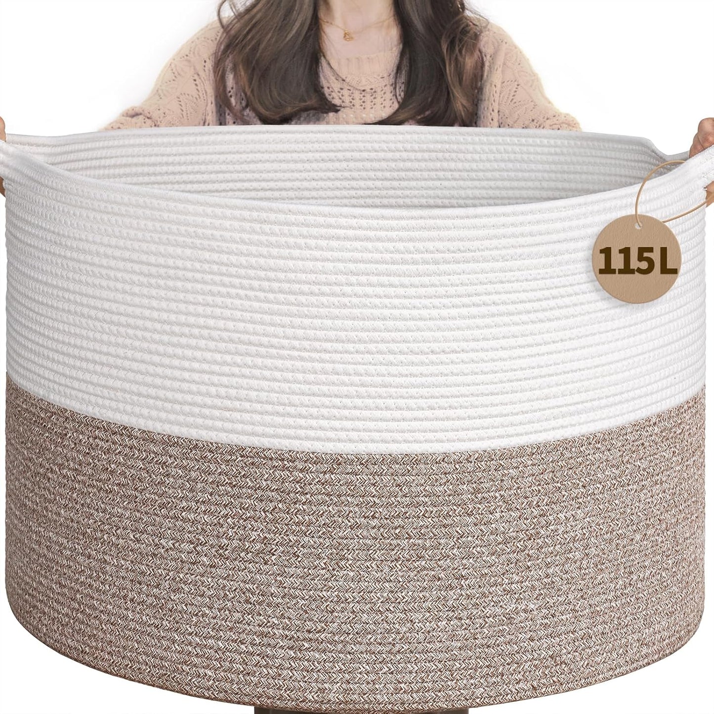 INDRESSME XXXLarge Blanket Basket for Living Room 21.7" x 21.7" x 13.8"-Storage Basket with Handle for Organizing Toy Pillows Woven Cotton Rope Laundry Basket Stuffed Animal Toy Storage for Play Room