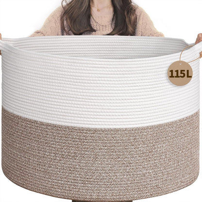 INDRESSME XXXLarge Blanket Basket for Living Room 21.7" x 21.7" x 13.8"-Storage Basket with Handle for Organizing Toy Pillows Woven Cotton Rope Laundry Basket Stuffed Animal Toy Storage for Play Room