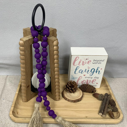 Handcrafted Farmhouse Wooden Decorative Beads Garland, Table Tray Boho Wood Beads with Tassel, Small Rustic Antique Decor for Home and Events (32" Rustic Blue)