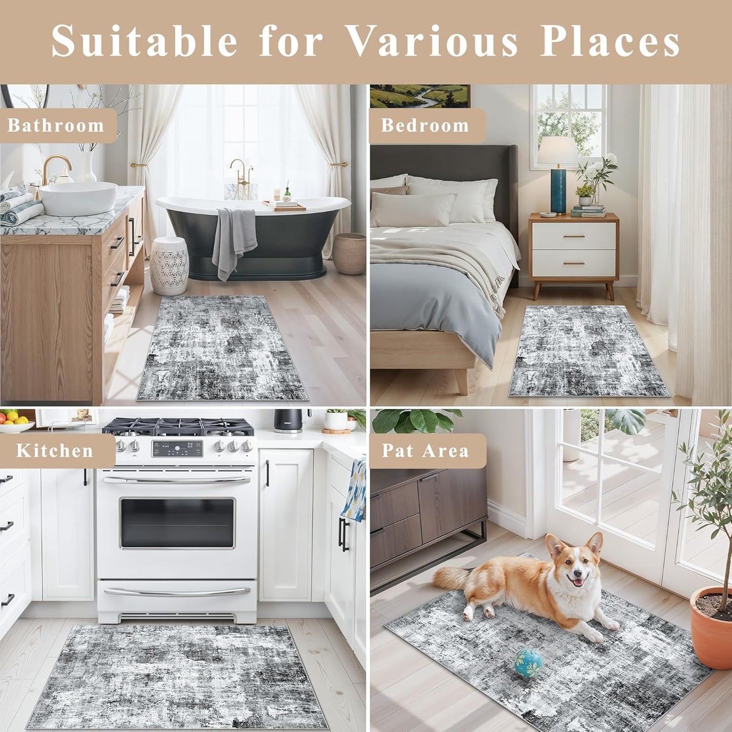2x3 Washable Non-Slip Area Rug - Soft Low Pile Throw Rug for Kitchen Entryway Bedroom - Modern Indoor Door Mat with Rubber Backing (Beige Grey) - Colors A