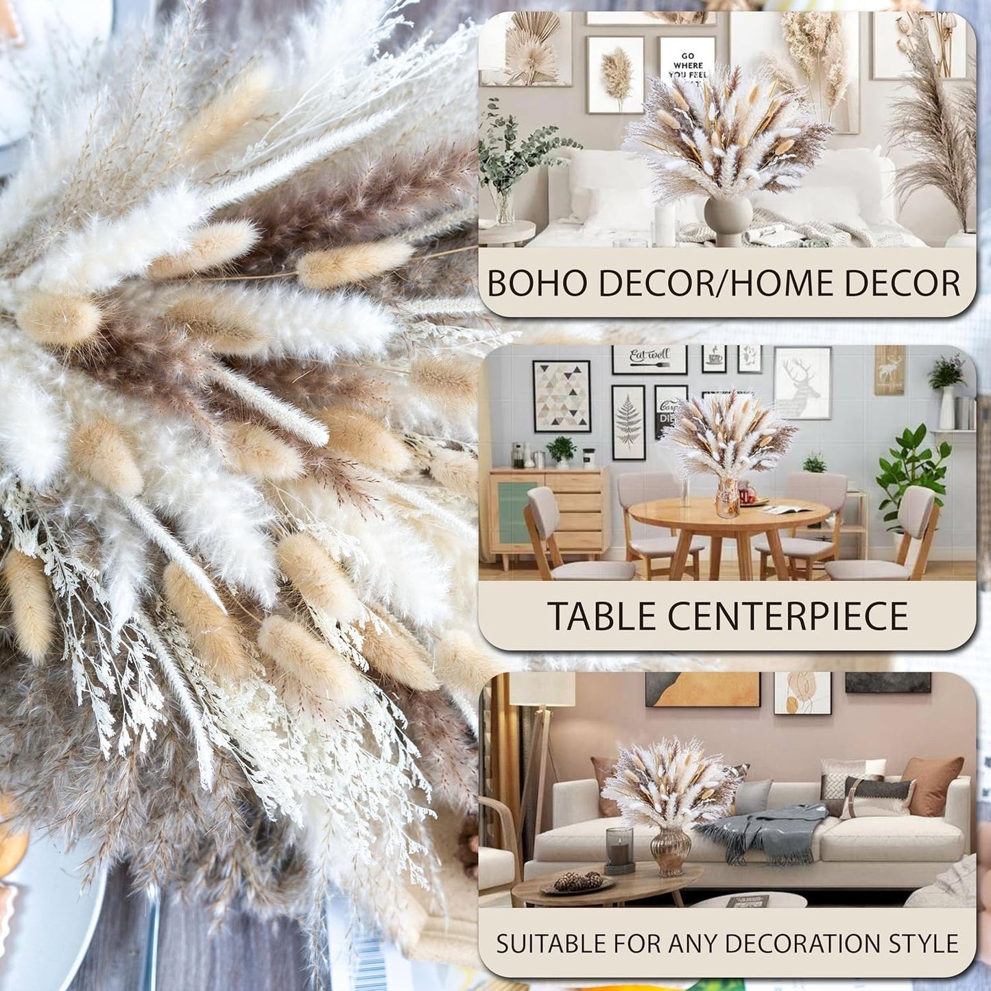 floradream 95 PCS Natural Pampas Grass Decor Bouquet | Boho Dried Floral Arrangement Centerpiece Table Decor Wedding Decor Rustic Decor, Natural, white, beige (Fdm-b-01)