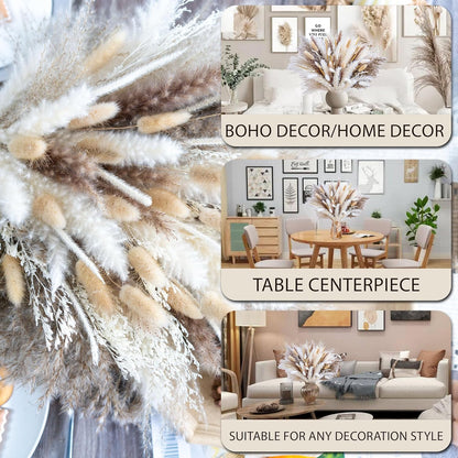 floradream 95 PCS Natural Pampas Grass Decor Bouquet | Boho Dried Floral Arrangement Centerpiece Table Decor Wedding Decor Rustic Decor, Natural, white, beige (Fdm-b-01)