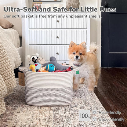 Goodpick Woven Storage Basket, Cotton Rope Basket for Dog Toys, Books, Stylish Gift Basket with Handles, 13 x 10 x 9 Inches Square Baskets for Organizing, Brown and White
