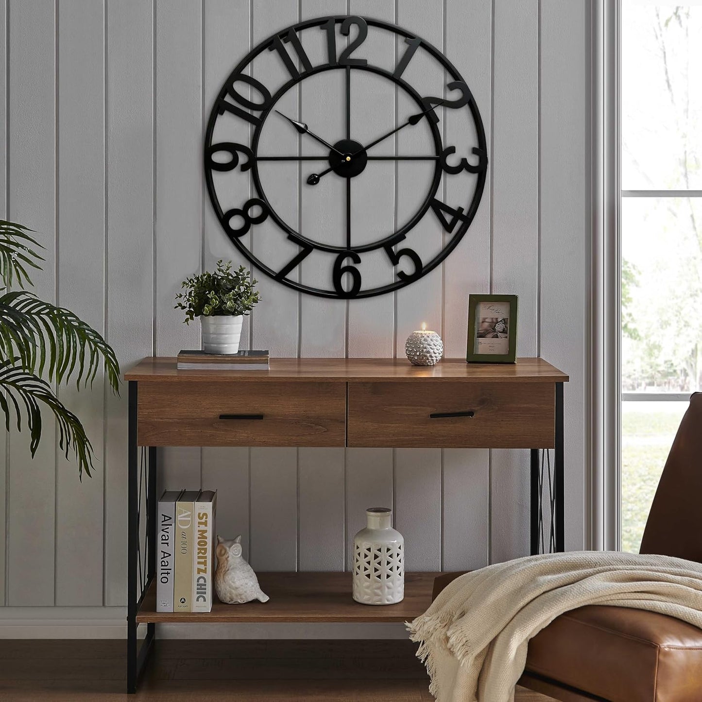 CLXEAST 30 Inch Large Wall Clock Modern, Oversized Roman Numeral Decorative Black Metal Wall Clock for Living Room Decor,House Warming Gifts New Home