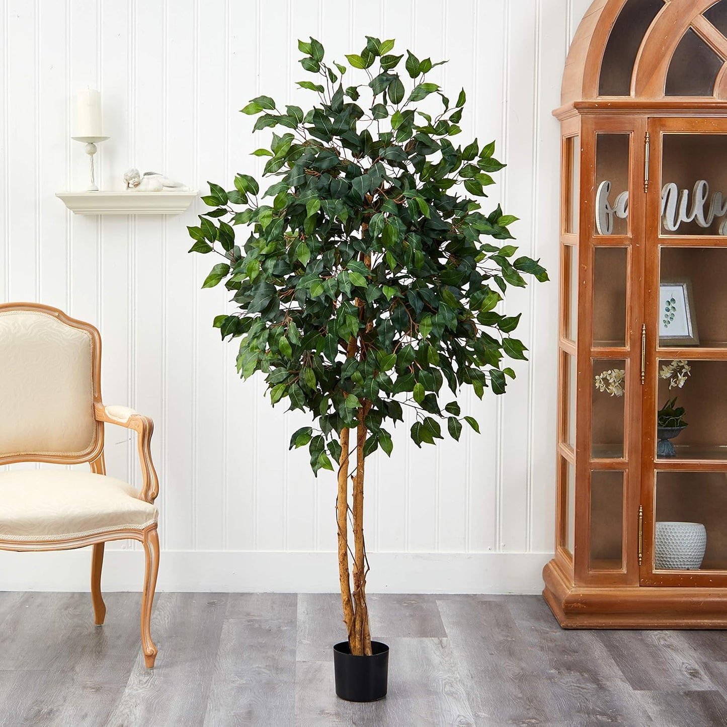 Nearly Natural 4ft Triple Trunk Ficus Silk Tree with Natural Wood Trunks and Dense Foliage, Mid-Size Faux Floor Plant for Home and Office