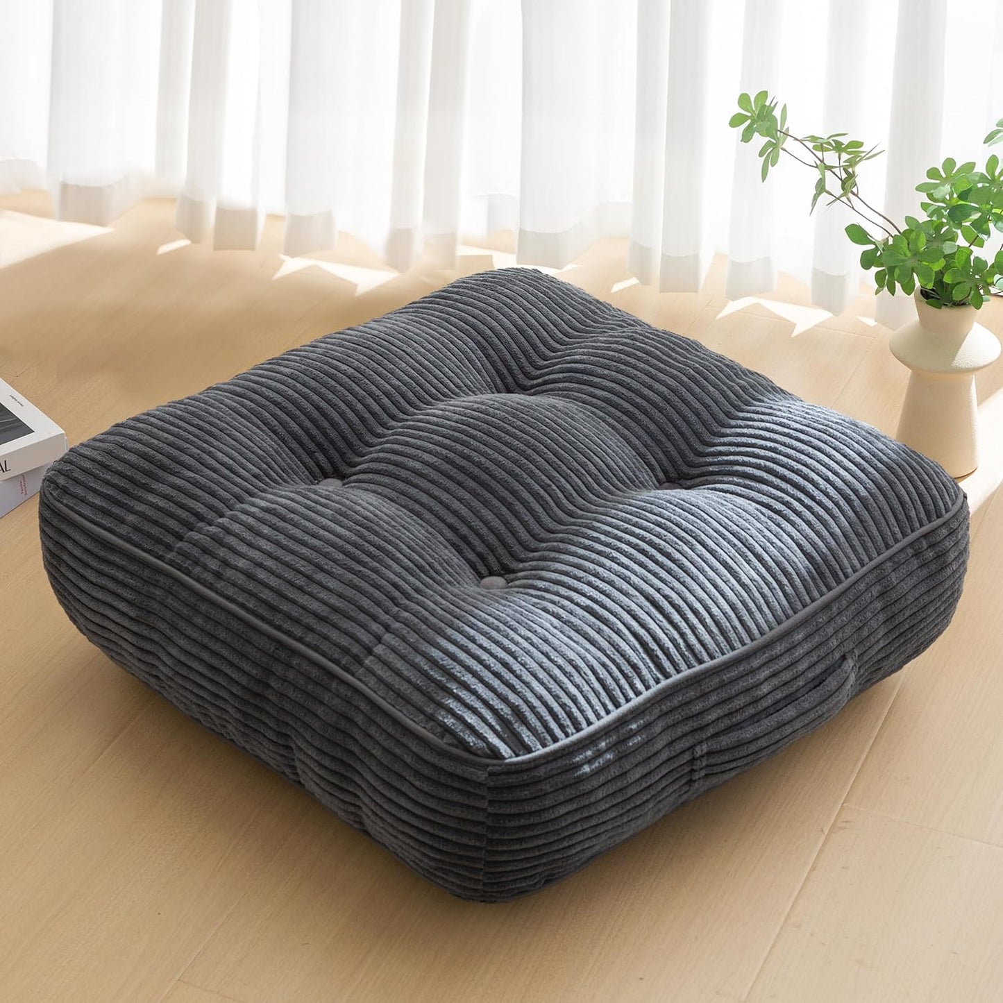 HIGOGOGO 6" Extra Thick Floor Pillow Cushion for Adults, Meditation Cushion Pillow, Large Square Floor Sitting, Tufted Corduroy Cover, for Tatami Living Room or Yoga, 22x22 Inch, 2Pack, Dark Grey