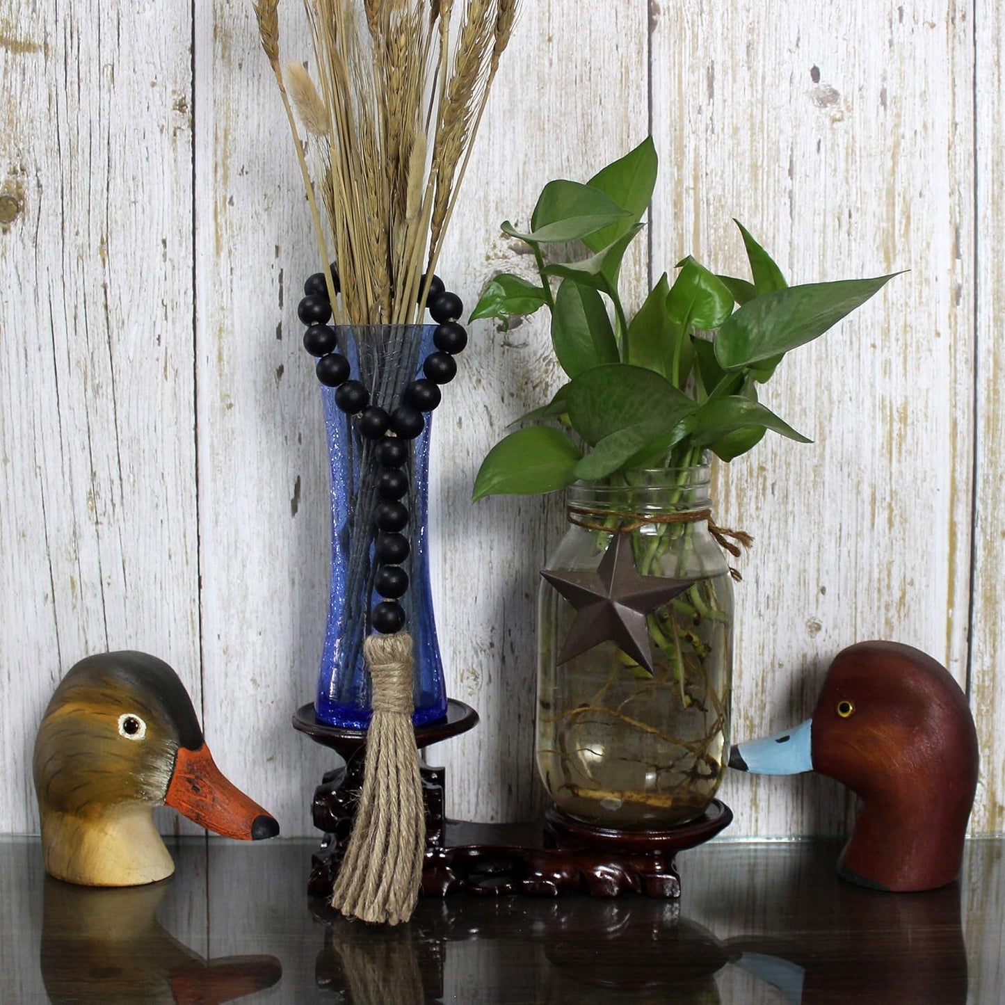 CVHOMEDECO. Wood Beads Garland with Tassels 3 PCS Farmhouse Rustic Wooden Prayer Bead String Wall Hanging Accent for Home Festival Decor. Natural